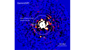 Discovery image of the planet 51 Eridani b with the Gemini Planet Imager taken in the near-infrared light on Dec. 21, 2014. The bright central star has been mostly removed to enable the detection of the exoplanet 1 million times fainter. (Image: J. Rameau/UdeM and C. Marois/NRC Herzberg) Discovery image of the planet 51 Eridani b with the Gemini Planet Imager taken in the near-infrared light on Dec. 21, 2014. The bright central star has been mostly removed to enable the detection of the exoplanet 1 million times fainter. (Image: J. Rameau/UdeM and C. Marois/NRC Herzberg)